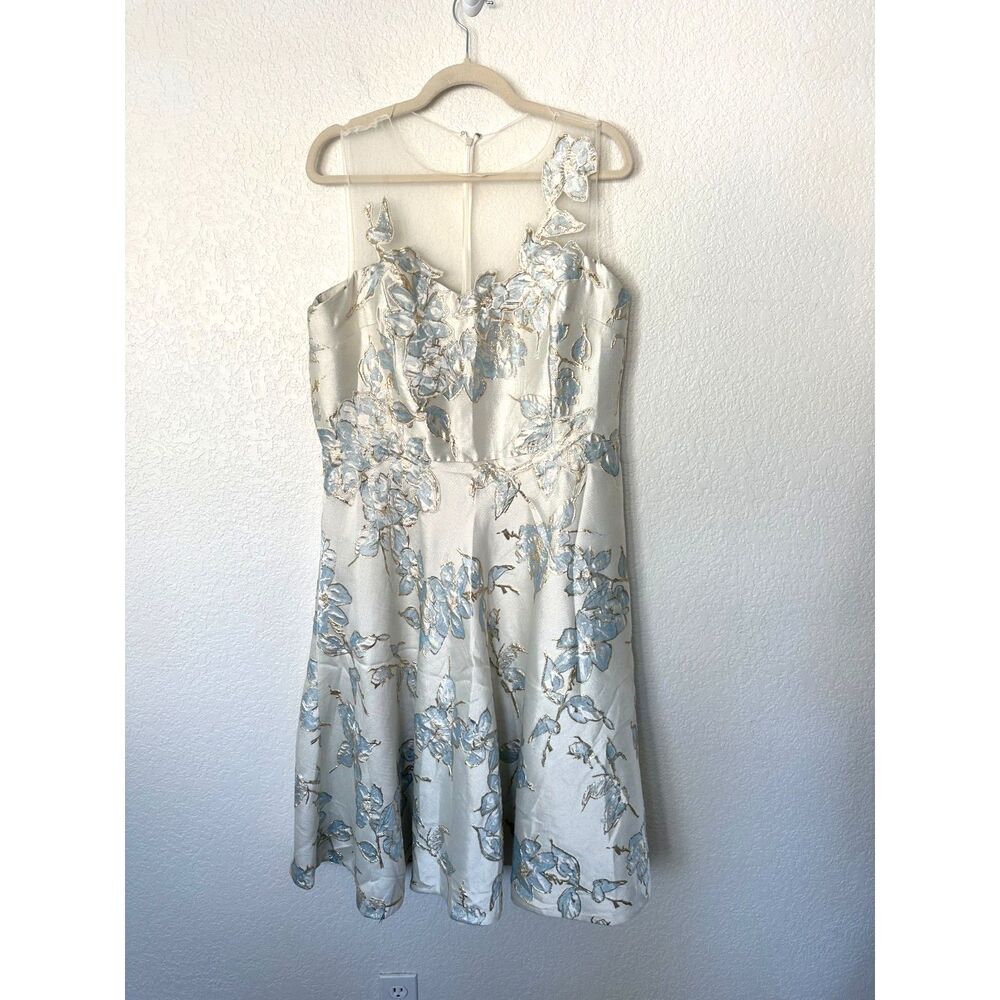 Teri Jon Rickie Freeman Gold Blue White Embroidered Floral Cocktail Dress Sz 18